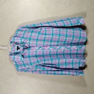04195 Talbots lavender & turquoise plaid L/S cotton button blouse M